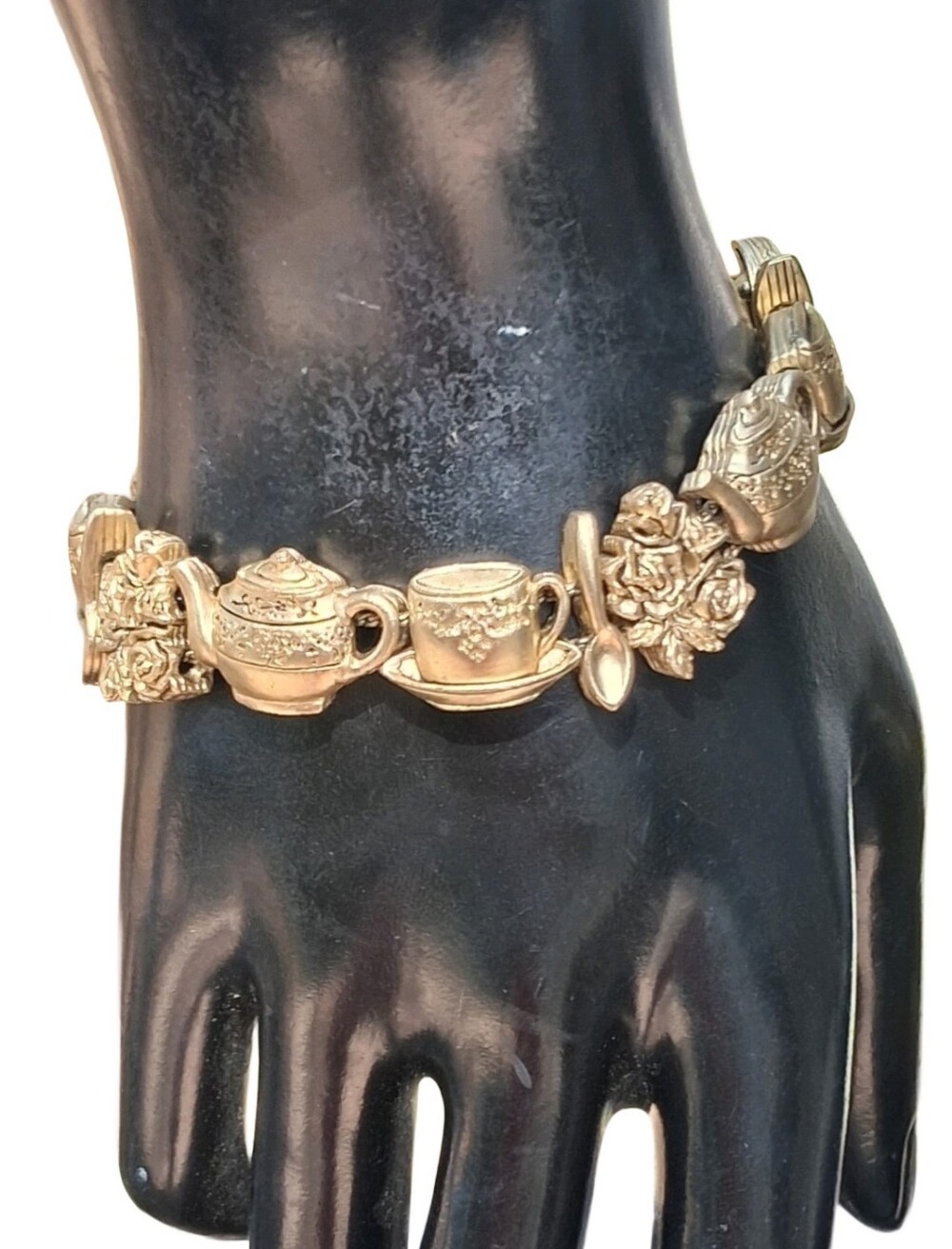 Vintage Gold Tone Tea Party Slide Charm Bracelet Teapot Teacup Rose Spoon